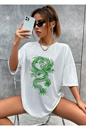 Oversize Unisex Yeşil Ejderha Baskılı Beyaz Tshirt