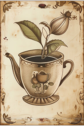 Çiçekli çay fincanı mutfak ev dekorasyonu tablo retro vintage ahşap poster