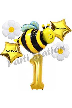 Bee Arı ve Papatya Konsept 1 Yaş Balon Set Arı Balon ve Gold Rakam Balon Doğum Günü Balon Set
