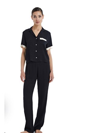 -60366-Kadın Kısa Kollu Gömlek Yaka Pijama Takımı-Siyah