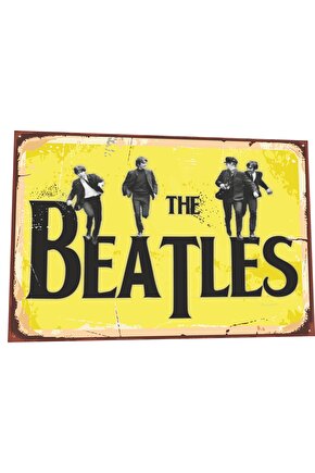 The Beatles Sarı Zeminli Retro Ahşap Poster