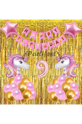 Pembe Unicorn Konsept 9 Yaş Balon Doğum Günü Set Gökkuşağı Unicorn Yaş Balon Set