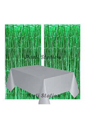2 Adet Yeşil Renk Metalize Arka Fon Perdesi ve 1 Adet Plastik Gümüş Gri Renk Masa Örtüsü Set