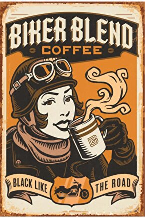 Kahve Içen Bisikletli Retro Ahşap Poster