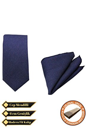 Mavi Renk Pamuklu Kumaş Kravat ve Cep Mendili