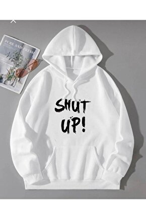 Kapşonlu Oversize Siyah Shut Up Baskılı Beyaz Sweatshirt