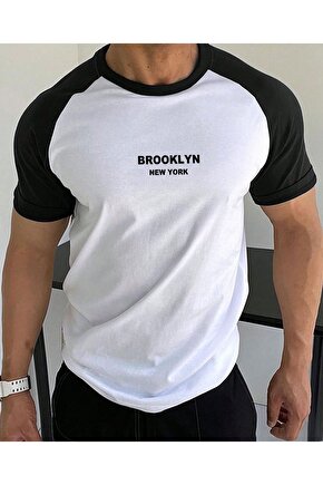 Erkek Beyaz Brooklyn Newyork Baskılı Reglan Kol Bisiklet Yaka Oversize Tişört