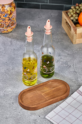 Ahşap Standlı 2li Cam Yağlık & Sirkelik 300 Ml Desenli Yağdanlık