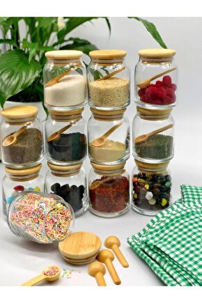 Etiketli 300 ml 12 Adet Kavanoz Ve 12 Adet Mini Baharat Kaşığı - 24 Parça Baharat Seti