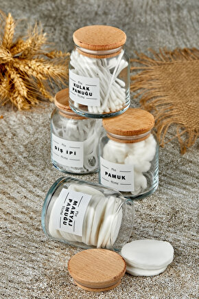 4lü Ahşap Kapaklı Makyaj Pamuğu & Pamuk & Kulak Pamuğu & Diş İpi Organizeri 300 Ml Pamukluk
