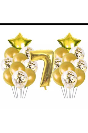 7 Yaş Gold Konfetili Şeffaf Balon Seti Doğum Günü Seti