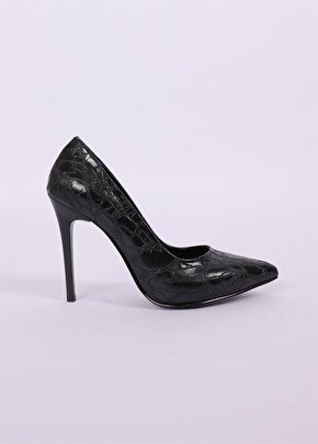 Timsah Derisi Desenli İnce Topuklu Ayakkabı - Siyah