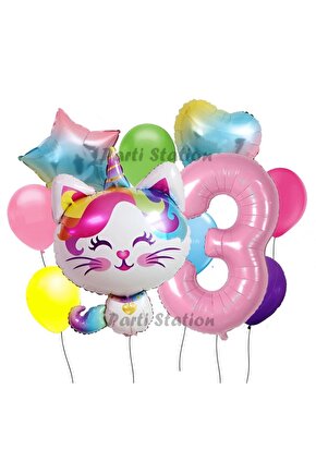 Unicorn Kedi Kitty Konsept 3 Yaş Doğum Günü Parti Balon Set Sevimli Unicorn Kedi Tema Parti Set