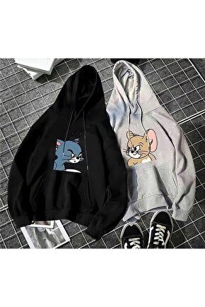 Kapşonlu Oversize Tom Jerry Tasarım Ikili Paket Sweatshirt