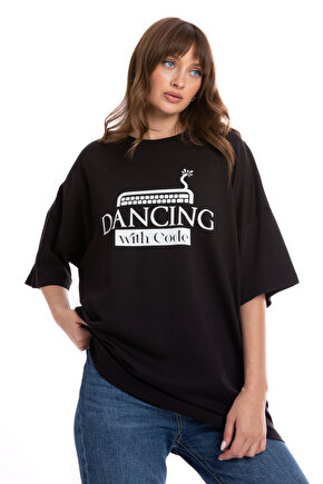%100 Pamuk Siyah Unisex Oversize Kısa Kollu T-Shirt | Dancing With Code