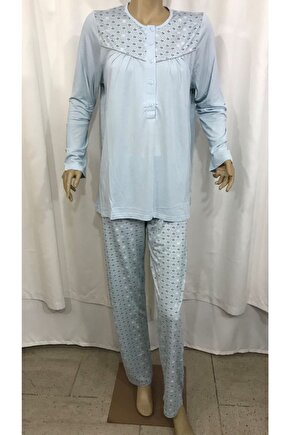 Patlı Uzunkol Pijama Takımı-14202-mavi