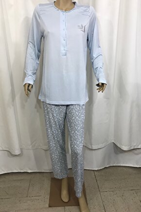 Bayan Uzun Kollu Patlı Pijama Takım-14199- Mavi