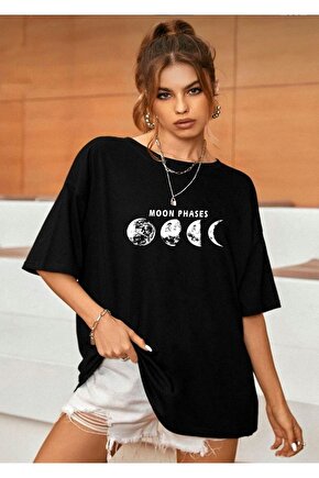 Kadın Moon Phases Baskılı Bisiklet Yaka Siyah Tshirt