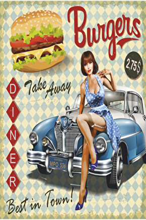 hamburger fast food kafe bar mutfak dekor tablo klasik araba ve pin up kızı retro ahşap poster