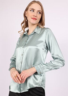 Kadın Basic Uzun Kollu Saten Gömlek - Mint