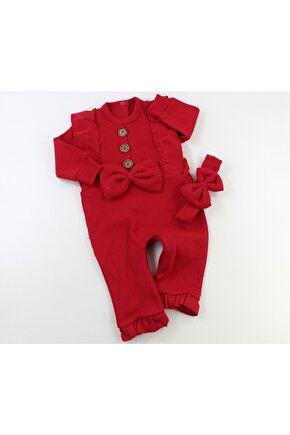 Kız Bebek Düğmeli Fiyonklu Tulum Kırmızı