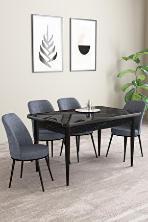 Emila Siyah Mermer Desen 70x110 Sabit Mutfak Masası 4 Adet Sandalye