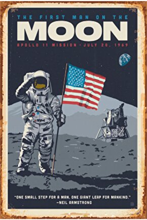 Eğlenceli Uzay Ve Gezegenler Ay Ve Astronot Retro Ahşap Poster