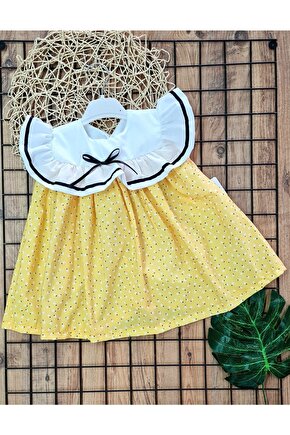 Kız Bebek Yazlık Mini Çicekli Yakalı Sarı Elbise