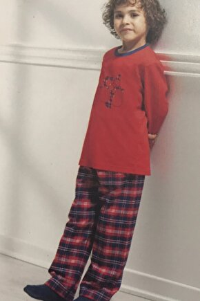 Çocuk Pijaması Üst Polar Alt Pamuklu Ekose Kırmızı