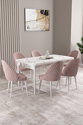 Lima Beyaz Mermer Desen 70x114 Mdf Açılabilir Mutfak Masası Takımı 6 Adet Sandalye