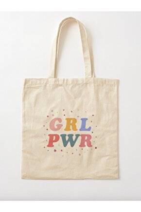 Grl Pwr - Girl Power Baskılı Ham Bez Omuz Çantası