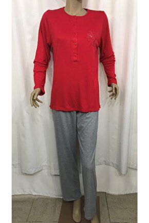 Uzun Kol Pijama Takım-14854- Kırmızı Gri