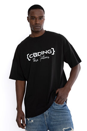 %100 Pamuk Siyah Unisex Oversize Kısa Kollu T-Shirt | Coding The Future