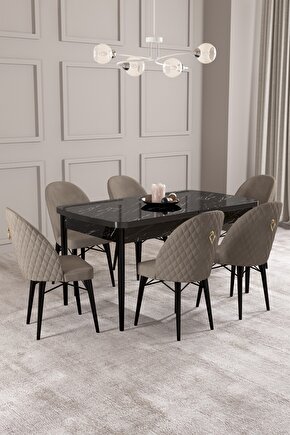 Arya Siyah Mermer Desen 70x114 Mdf Açılabilir Mutfak Masası Takımı 6 Adet Sandalye