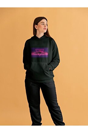 Vapor Wave Üçgen Design Baskılı Tasarım 3 Iplik Kalın Siyah Hoodie Sweatshirt