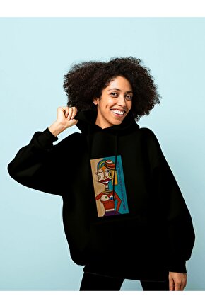 Postmodern Sanat Baskılı Tasarım 2 Iplik Şardonlu Siyah Hoodie Sweatshirt