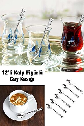 12li Kalp Figürlü Çay Kaşığı Paslanmaz Çelik Kaşık Seti