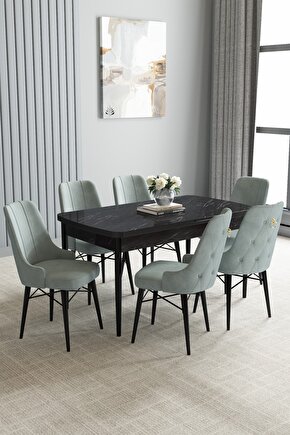 Loft Siyah Mermer Desen 80x132 Mdf Açılabilir Mutfak Masası Takımı 6 Adet Sandalye