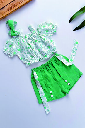 Kız Bebek Kız Çocuk Yazlık Elbise Kısa Kollu Şortlu Bandanalı Bebek Takım bebek giyim