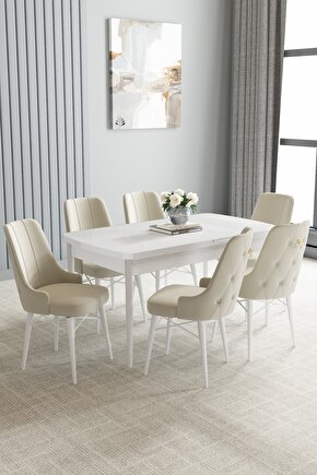 Loft Beyaz 80x132 Mdf Açılabilir Mutfak Masası Takımı 6 Adet Sandalye