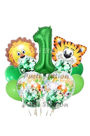 Safari Konsept Balon Seti 1 Yaş Safari Jungle Parti Doğum Günü Balon Karşılama Set Yeşil Rakam Balon