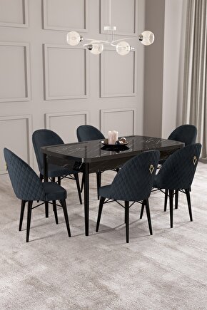 Arya Siyah Mermer Desen 70x114 Mdf Açılabilir Yemek Masası Takımı 6 Adet Sandalye