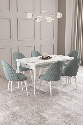 Arya Beyaz Mermer Desen 70x114 Mdf Açılabilir Yemek Masası Takımı 6 Adet Sandalye