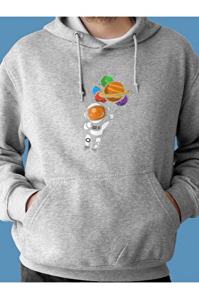 Astronot Baskılı Tasarım 2 Iplik Şardonlu Gri Hoodie Sweatshirt