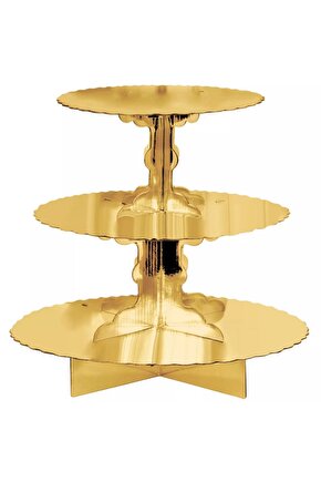 Altın Renk 3 Katlı Metalize Karton Cupcake Standı Gold Kek Standı