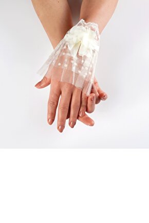 BEYAZ TEK BİLEK TÜL PUANLI GELİN ELDİVENİ