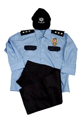 Uzun Kollu Mavi Renkli Unisex Sapkali Polis Cocuk Kiyafet Kostum Takimi