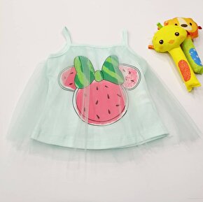 Kız Bebek Yazlık Tül Detaylı Karpuz Baskılı Elbise