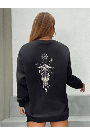 Oversize Yelken Pusula Baskılı Siyah Sweatshirt