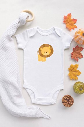 Unisex Bebek Baby Aslan Baskılı Beyaz Çıtçıtlı